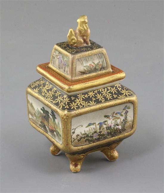 A Japanese satsuma pottery square koro and cover, by Kinkozan, Meiji period, height 10.3cm